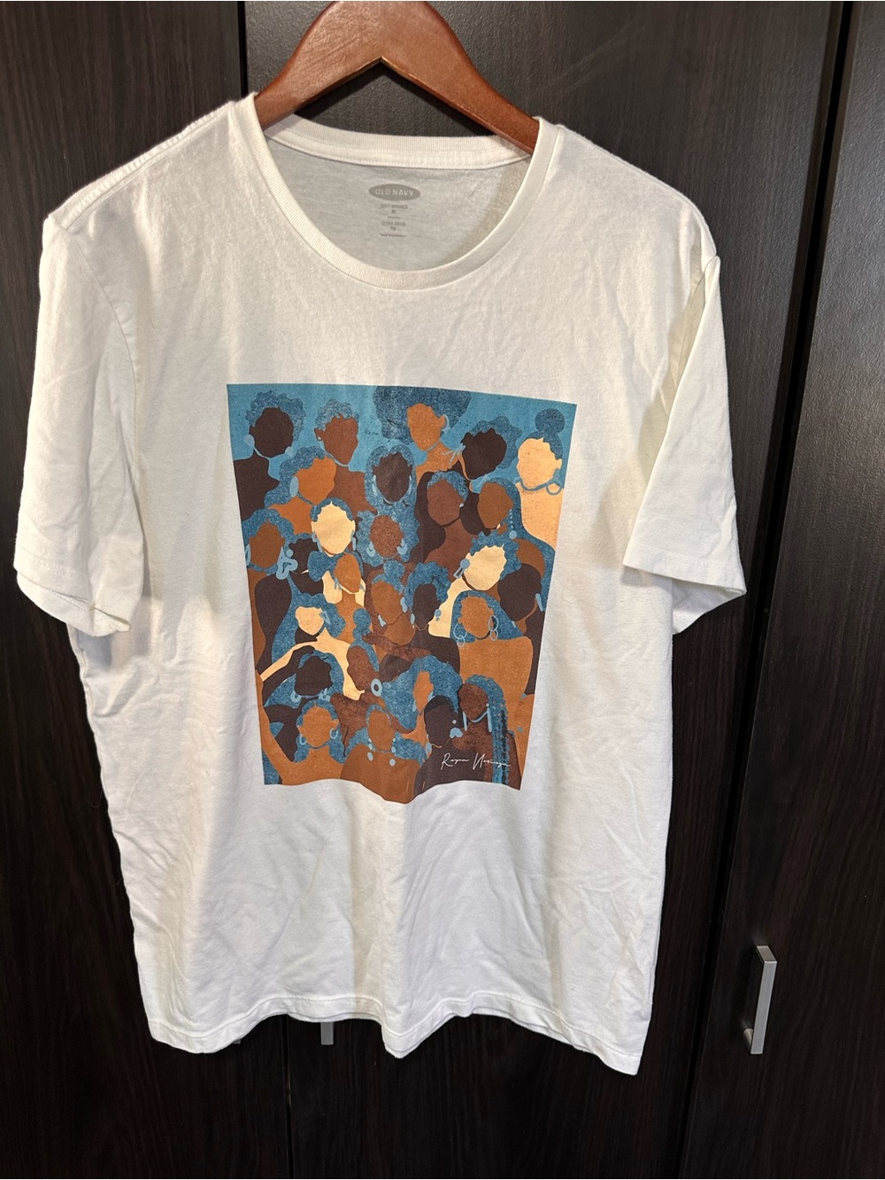 Old Navy White Graphic Tee with Multicolor Abstract Crowd Print